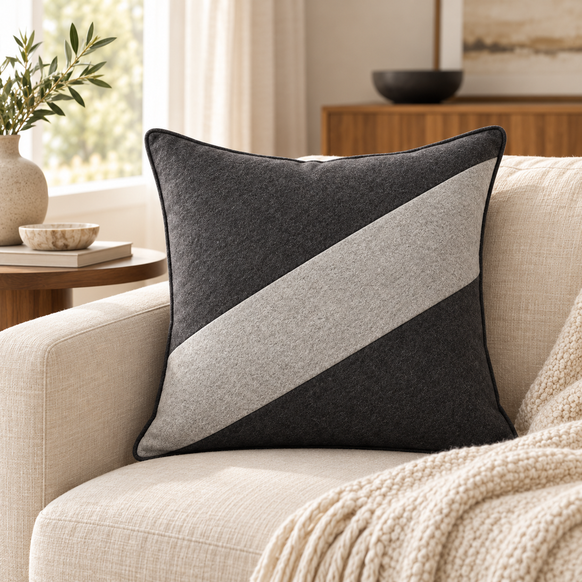 Modern Diagonal Colorblock Wool Throw Pillow – Charcoal & Light Grey, 25" × 25"
