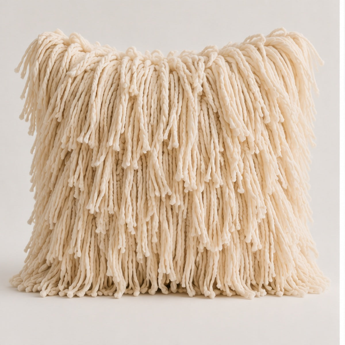 Full Fringe Wool Throw Pillow – Natural Cream, 20" × 20"