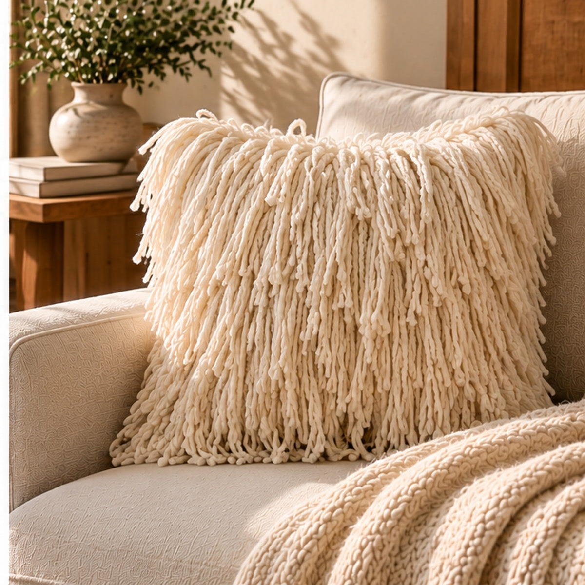 Full Fringe Wool Throw Pillow – Natural Cream, 20" × 20"