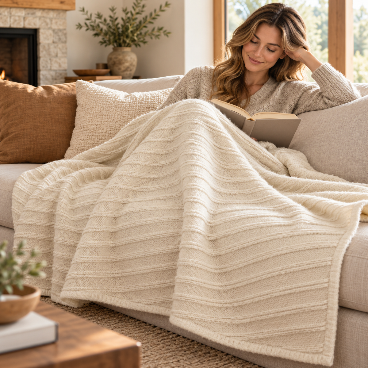 Cord Stripe Wool Throw Blanket – Natural Cream, 51" × 67"
