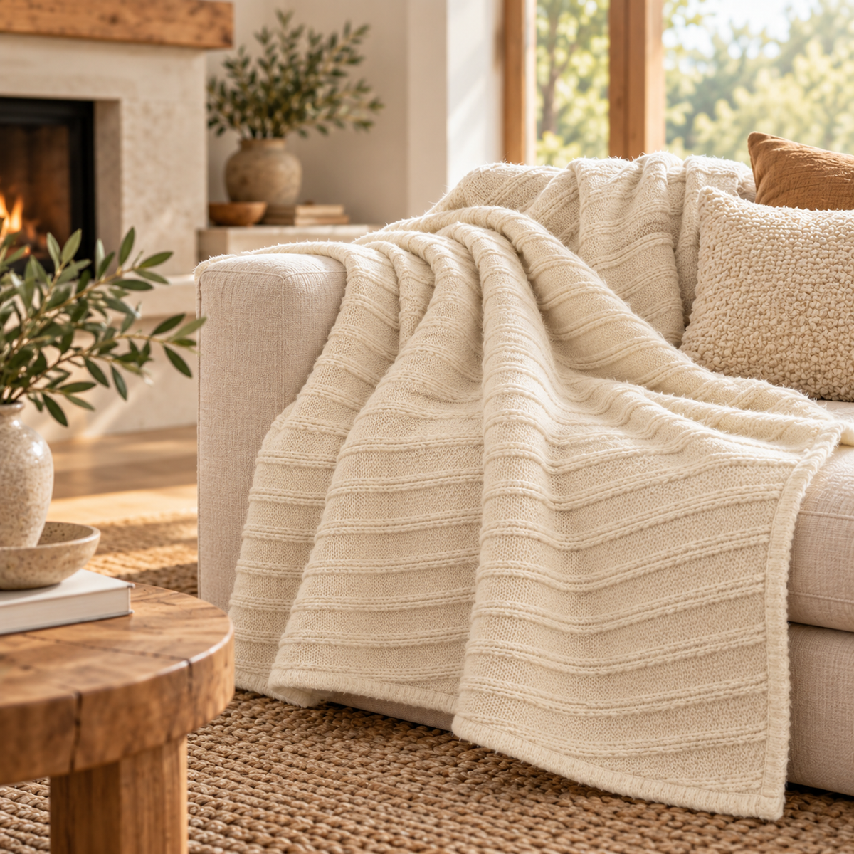 Cord Stripe Wool Throw Blanket – Natural Cream, 51" × 67"