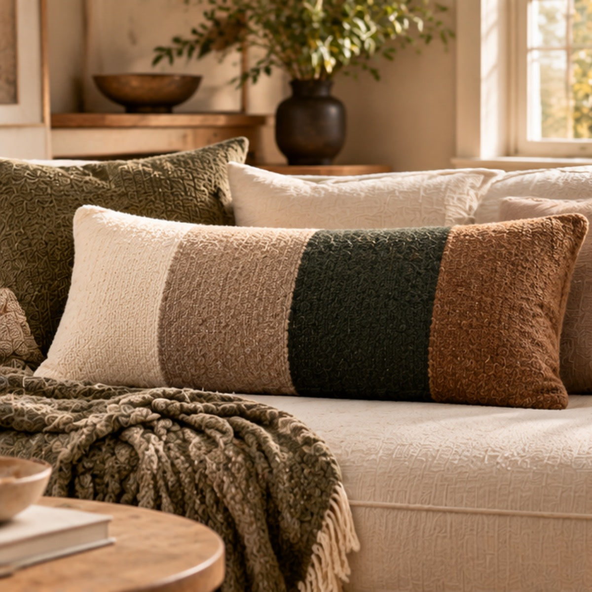 Wool Colourblock Lumbar Pillow, 23" × 11"