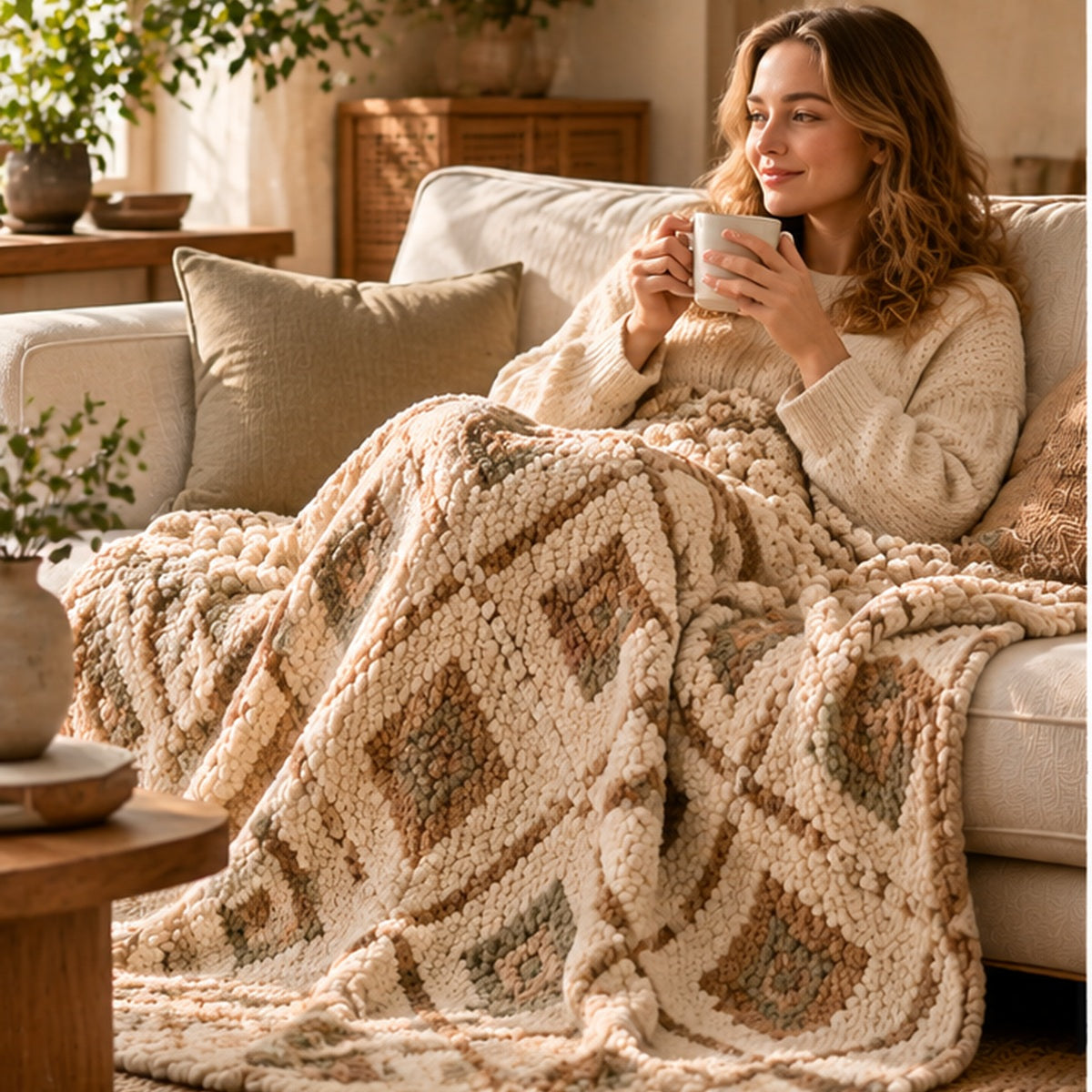 Diamond Pattern Wool Throw Blanket – Natural Cream, 51" × 67"