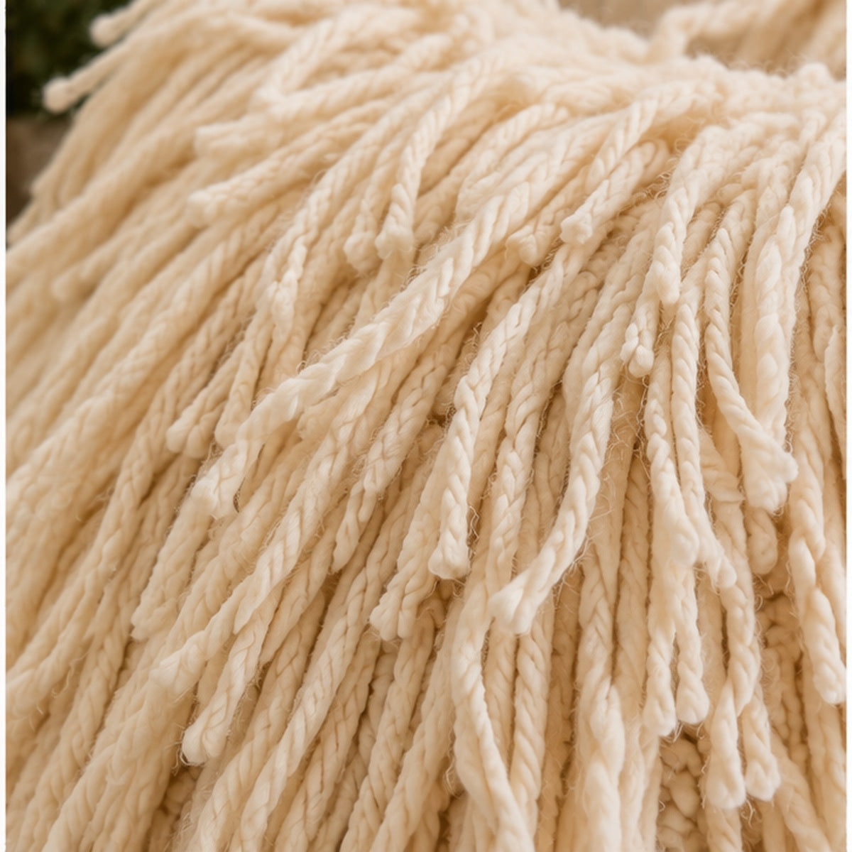 Full Fringe Wool Throw Pillow – Natural Cream, 20" × 20"