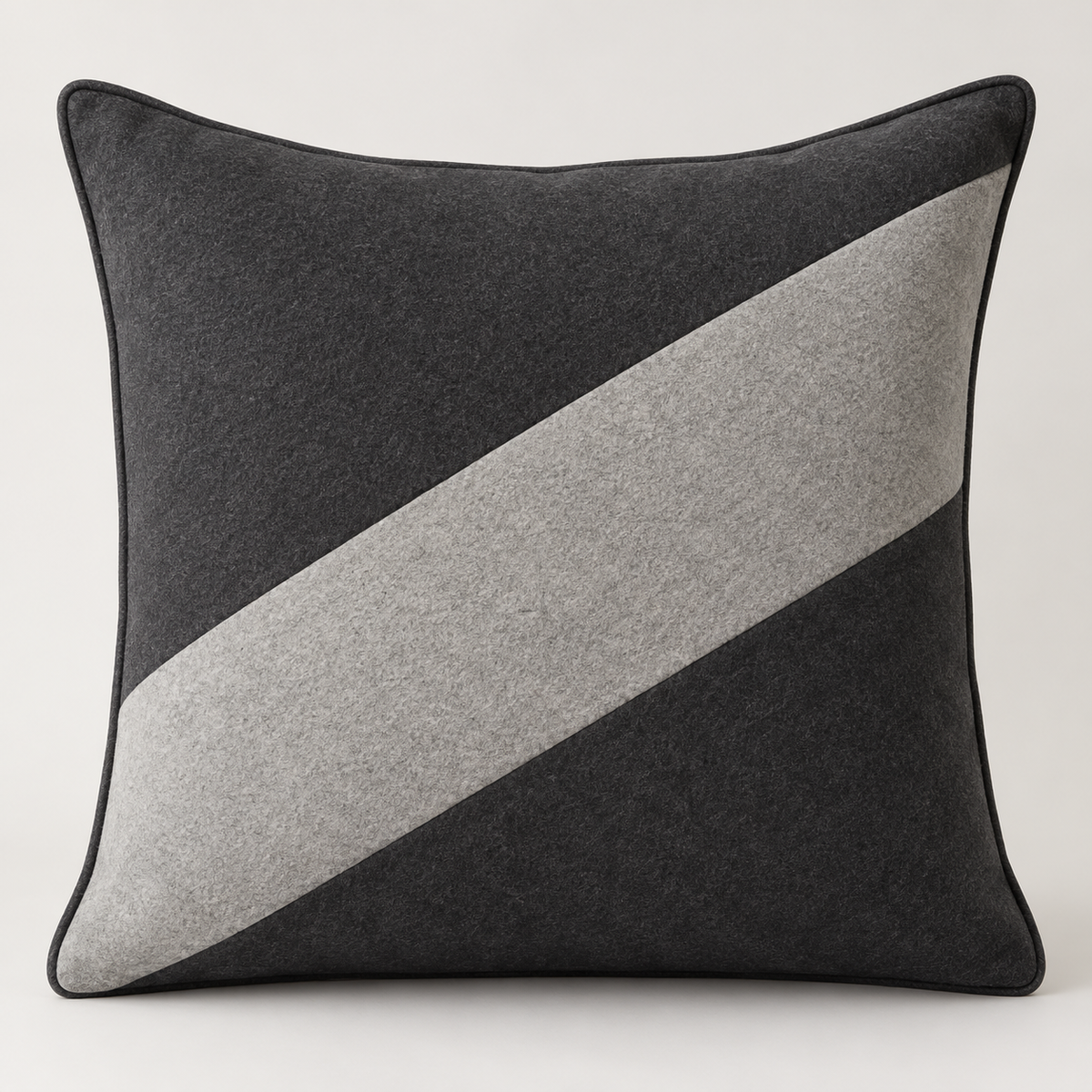 Modern Diagonal Colorblock Wool Throw Pillow – Charcoal & Light Grey, 25" × 25"